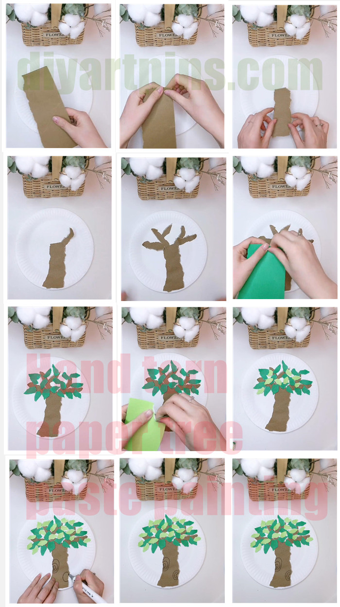 Hand torn paper tree paste painting